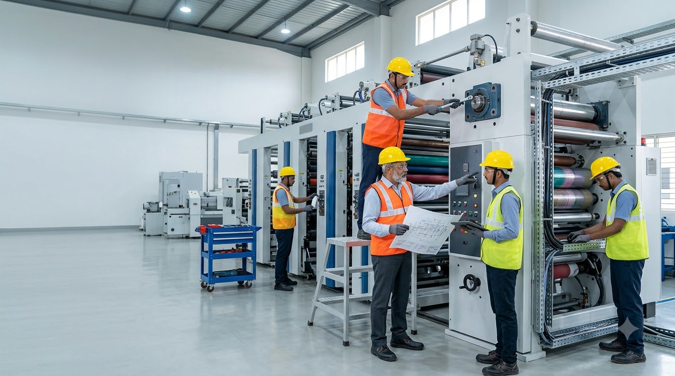 Industrial machinery commissioning engineers performing equipment setup