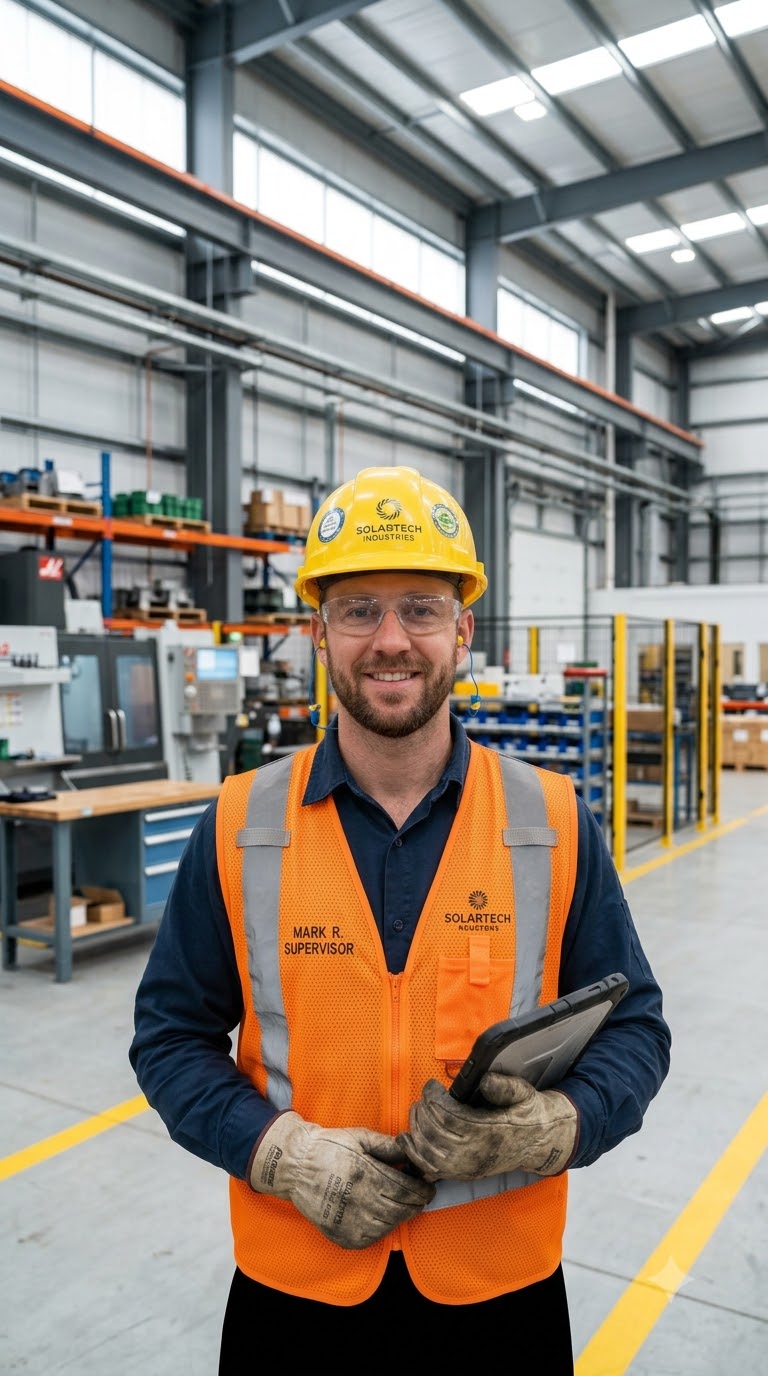 Industrial safety engineer inspecting machinery installation site