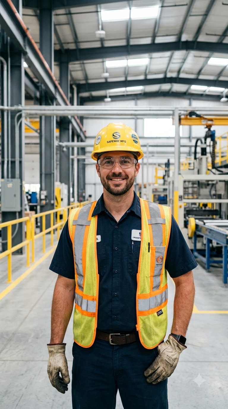 Machine erection engineer in safety gear preparing equipment